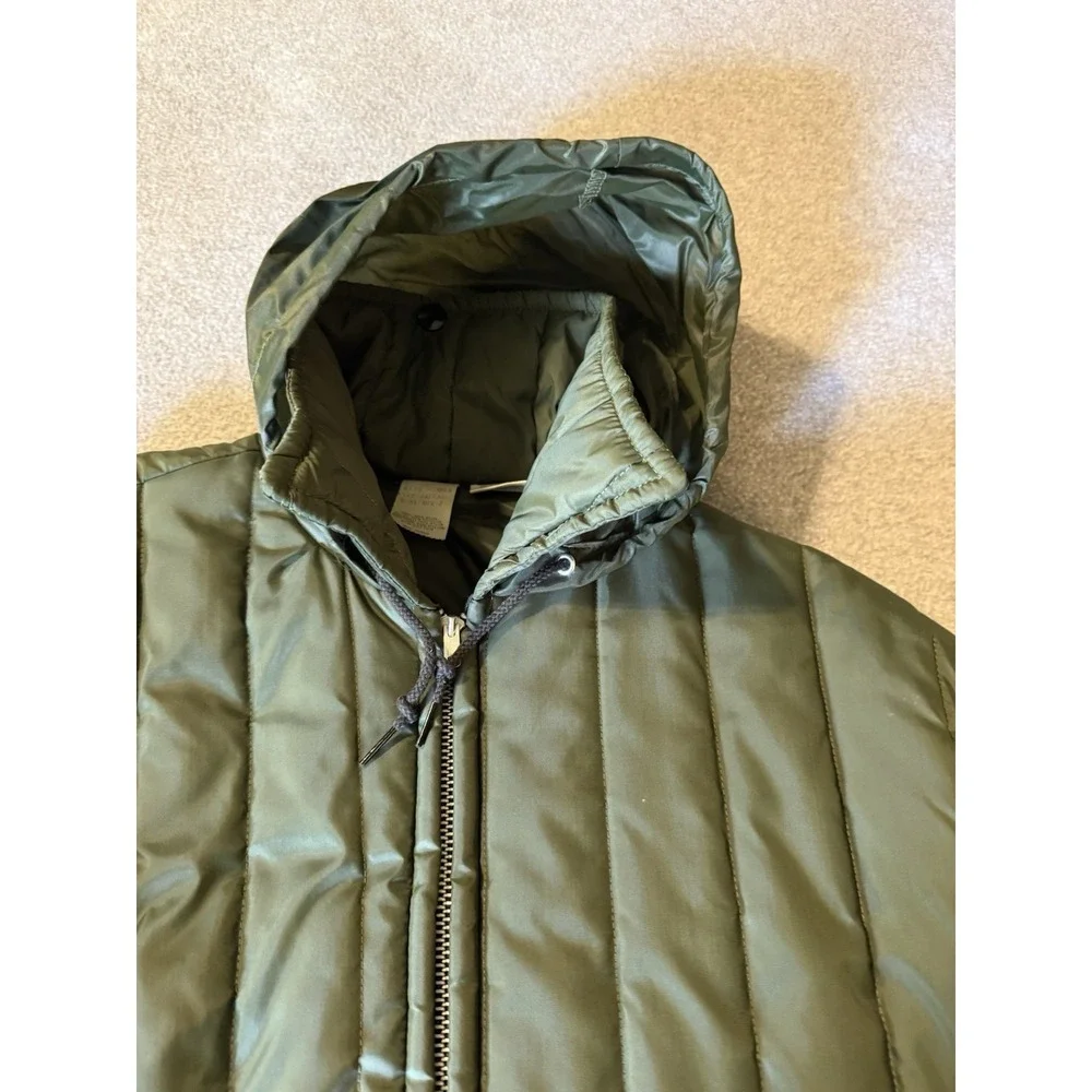Vintage 70s Sears Coat Mens LT Green Nylon Puffer Work Insulated Workwear Hood